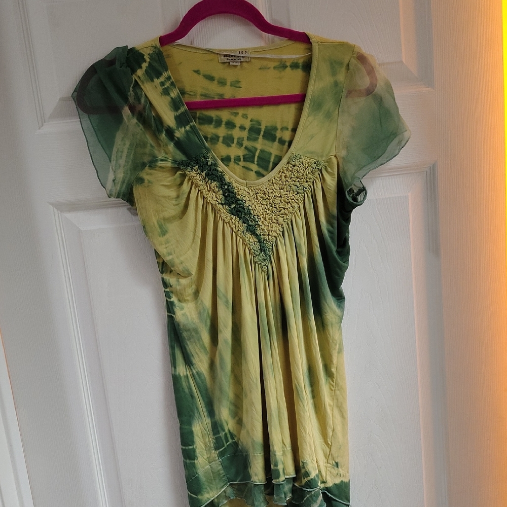ONE WORLD Green and Yellow Tie-Dye Blouse